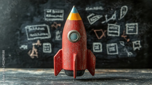 Rocketshaped pencil bundle launching from black standard chalkboard creative design educational environment close-up view