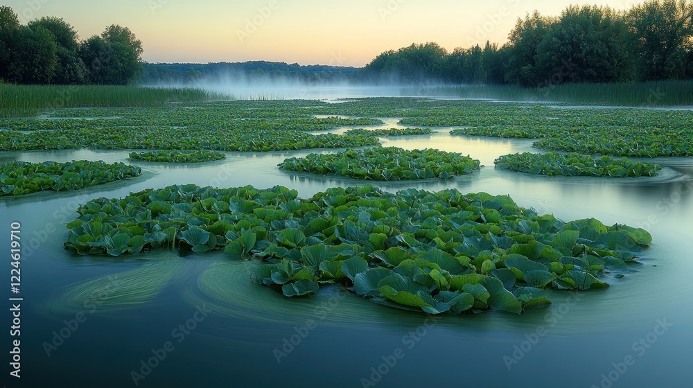 Fototapeta premium Tranquil lake, misty dawn, lush lily pads.