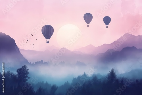 vintage hot air balloons drifting through misty mountain valley at dawn, creating whimsical silhouettes against pastel sky photo