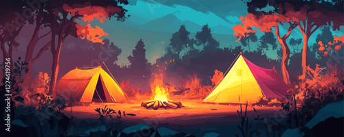 Vector campfire scene with tents in a forest setting at twilight.