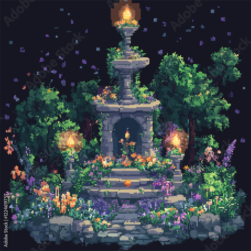 Enchanted garden vector scene with stone fountain and glowing lanterns.