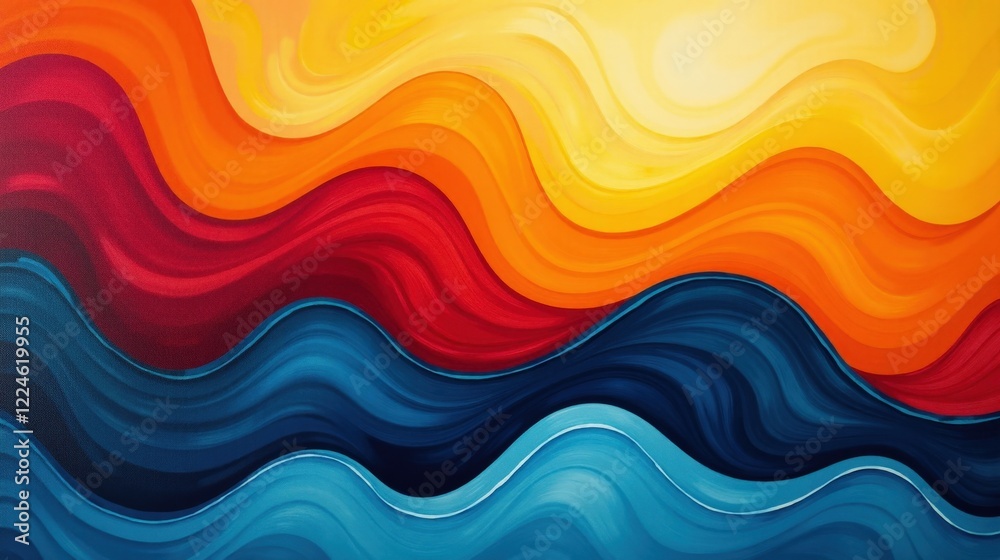 A colorful conceptual design with dynamic, overlapping wave-like forms in bold red, yellow, and blue, creating a playful and celebratory mood.