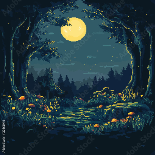 Enchanting forest path under full moon - pixel art vector scene.