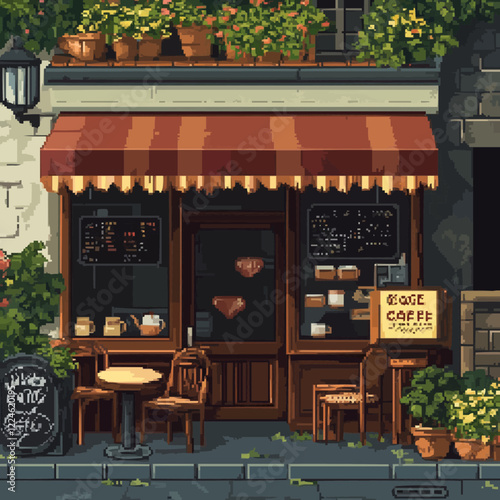 Vintage pixel art vector of cozy street cafe with red awning.