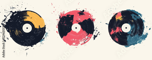 Artistic vector vinyl records with abstract splashes.