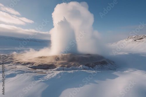 Geyser erupts in winter setting, showcasing natural power surrounded by snow photo