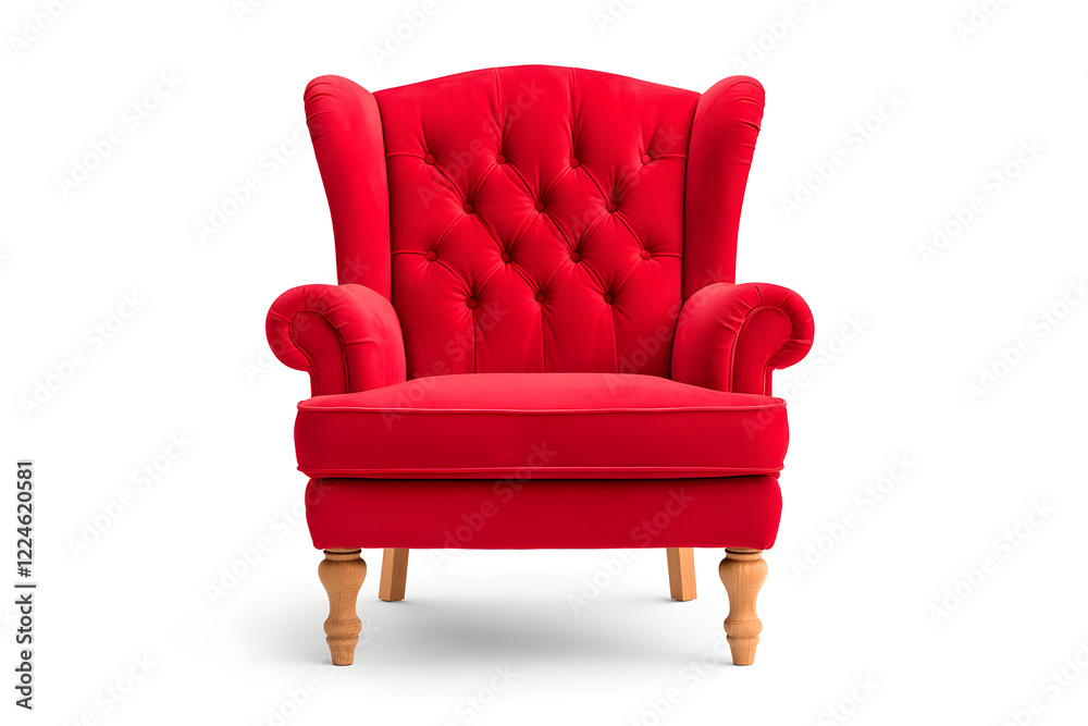 Elegant red velvet armchair with wooden legs. Santa's red velvet armchair isolated on white background Elegant red velvet armchair with wooden legs. Santa's red velvet armchair isolated on white background