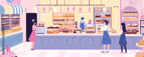 Vector bakery café scene with customers and pastry display.