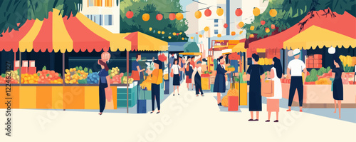 Colorful vector of bustling outdoor market with stalls and shoppers.