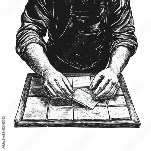 Vector artwork of artisan working with wooden tiles in black and white.