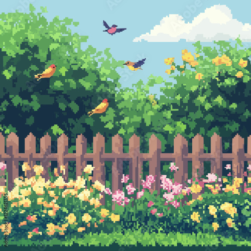 Vibrant pixel art vector of birds in a garden scene.