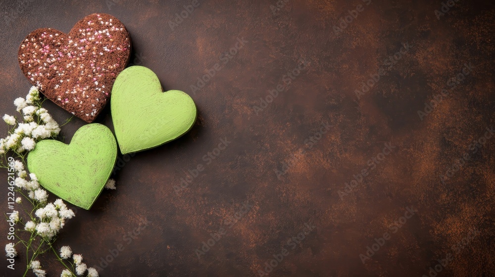 Obraz premium Decorative Hearts and Delicate Flowers on Rustic Brown Background