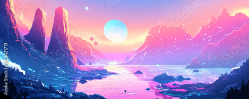 Vector fantasy landscape with colorful mountains and water scene.