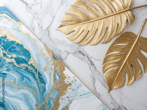 Wallpaper Mural Elegant Azure & Gold Abstract Marble Texture: Fluid Art Wall Paint Background Torontodigital.ca