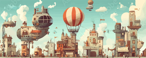 Steampunk vector art of whimsical floating cityscape with airships and hot air balloon.