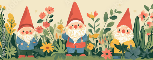 Whimsical garden gnomes vector artwork with colorful flowers.