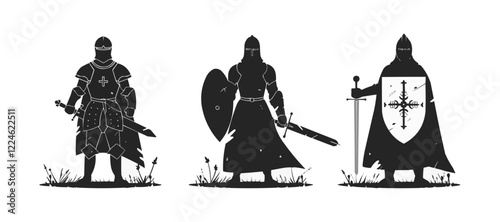 Medieval knight vector art displaying armor and shields.