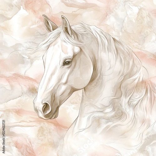 Elegant white horse portrait, marble background, art print