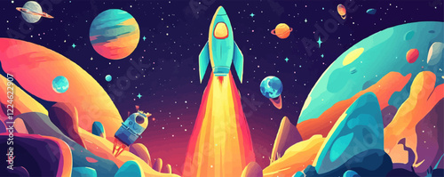 Colorful vector space exploration with rocket and planets.