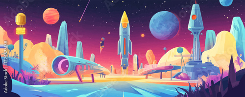 Futuristic space vector landscape with rockets and planets.