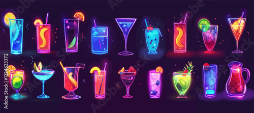 Vibrant cocktail vector collection featuring neon glow drinks.