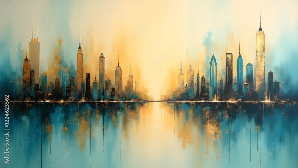 Fototapeta premium A serene painting of the New York City skyline at dawn, with warm light reflecting on the calm water and a small boat in the foreground.