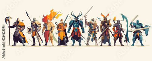 Epic fantasy warriors vector art with diverse characters in battle armor.