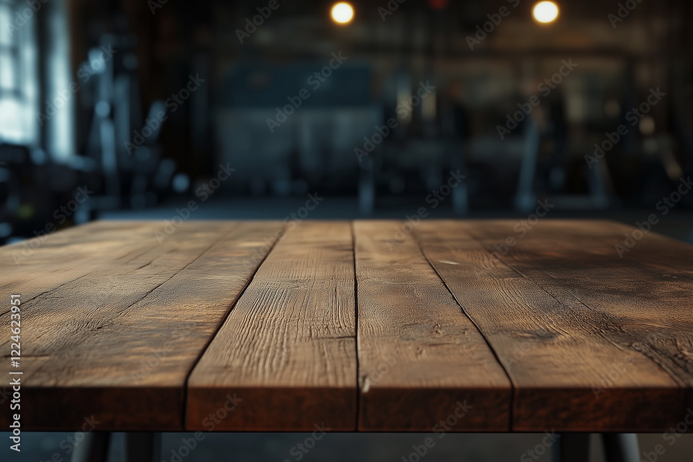Rustic Brown Wooden Table in a Blurred Gym Background Rustic Brown Wooden Table in a Blurred Gym Background