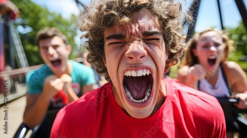 Thrilling Rollercoaster Ride Young Man Screaming Fun Summer Amusement Park