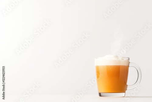 Warm mug filled with frothy orange beverage, steam rising, minim photo