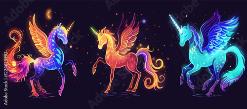 Colorful fantasy unicorns vector on starry night background.