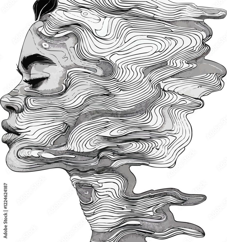 Vector art: surreal female profile with flowing line patterns. Vector art: surreal female profile with flowing line patterns.