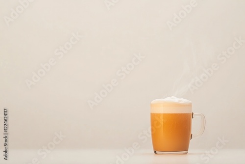 Warm beverage in glass mug with steam rising, creating cozy atmo photo