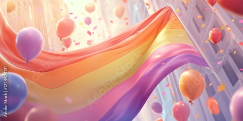 Flowing Rainbow Flag with Balloons and Confetti
