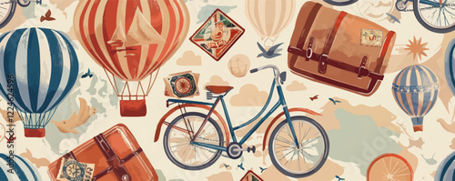 Retro travel adventure vector seamless pattern with hot air balloons.
