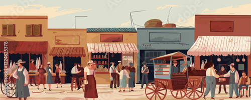 Vintage market street scene vector with people and shops.