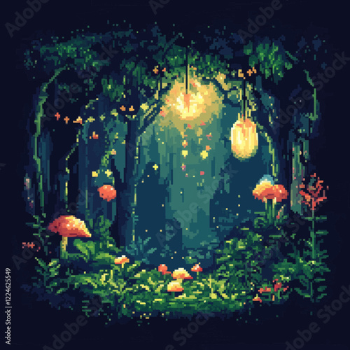 Enchanting forest vector with luminous mushrooms and mystical glow.