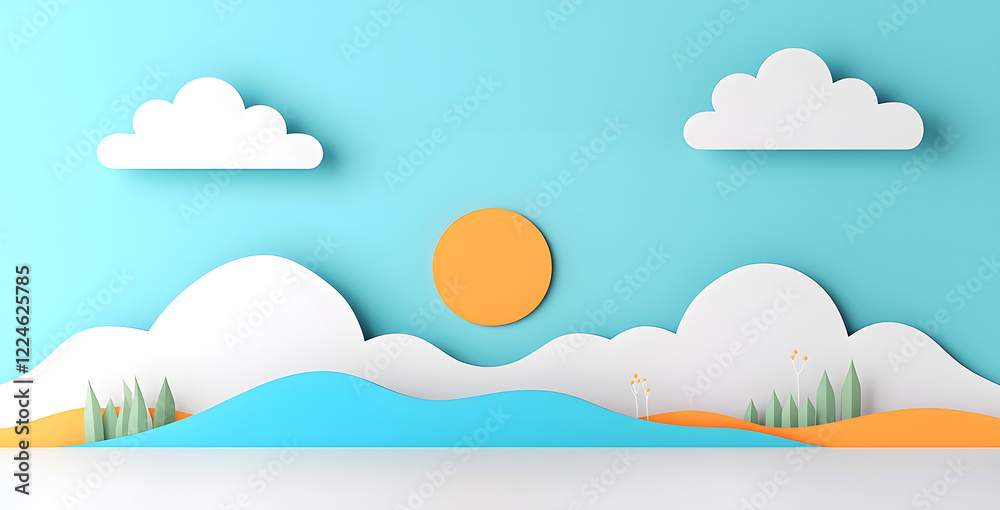 Landscape with mountains and sea waves in paper cut style Landscape with mountains and sea waves in paper cut style