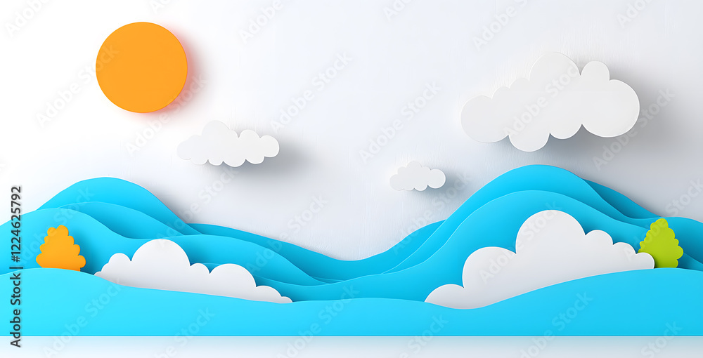 Landscape with mountains and sea waves in paper cut style Landscape with mountains and sea waves in paper cut style