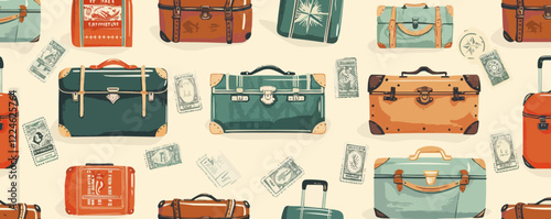 Vintage travel vector pattern with retro suitcases and stamps.