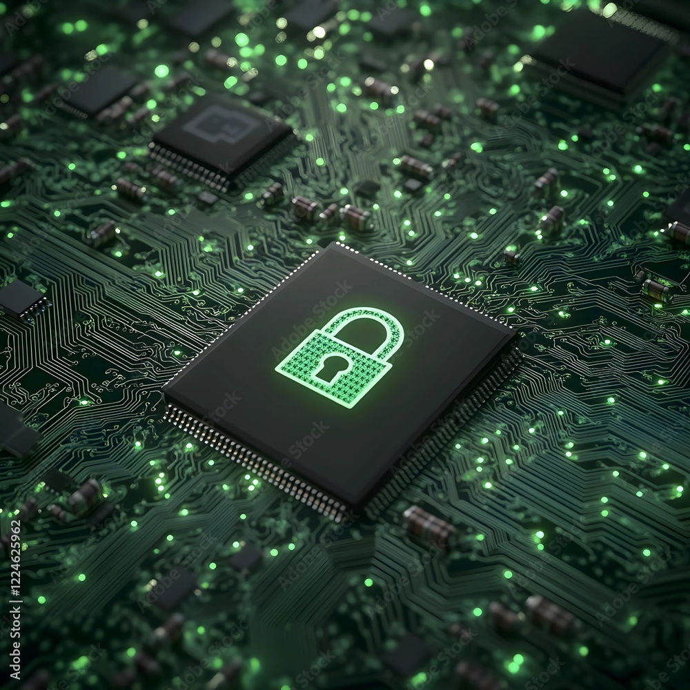 Cybersecurity: A glowing padlock on a circuit board symbolizes digital protection and secure data.