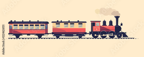 Vintage train vector illustration with red carriages.
