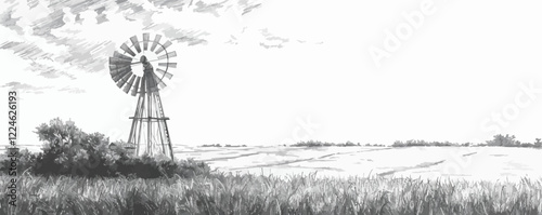 Vector windmill landscape with grassy field and cloudy sky.