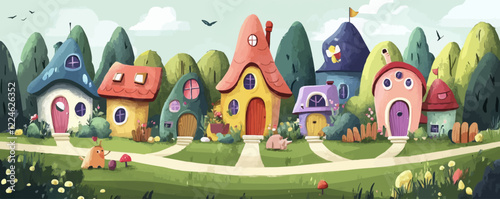 Charming vector of whimsical village with colorful cartoon houses.