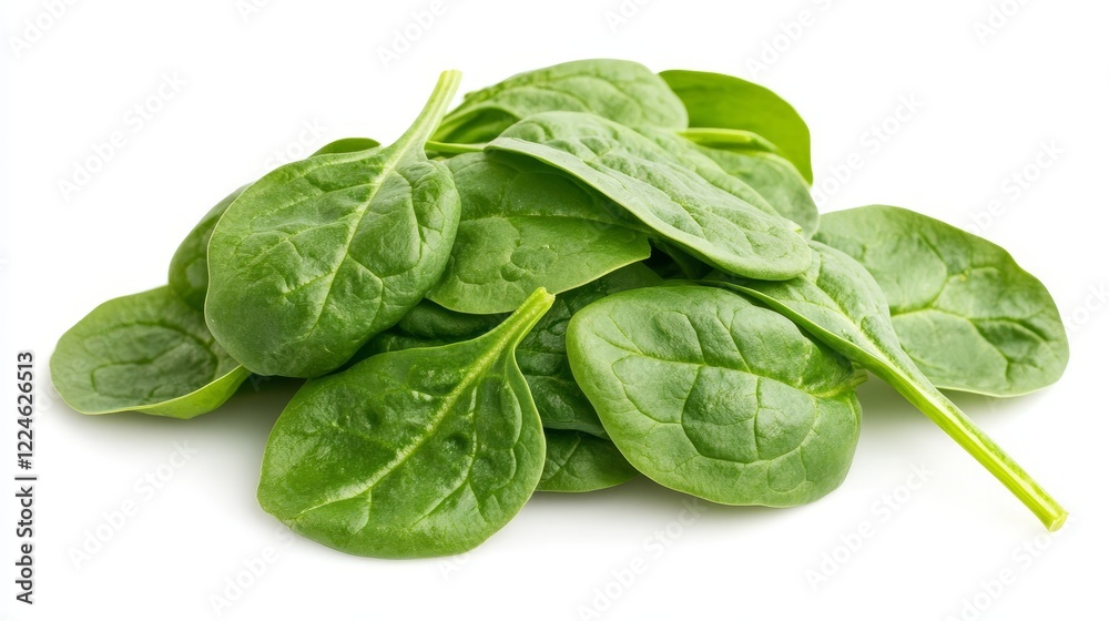 Fresh green spinach leaves arranged on a white background, ideal for culinary use and health recipes