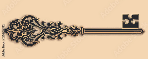 Elegant ornate key vector design with intricate decorative patterns.