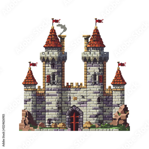 Pixel art medieval castle vector design with red towers.