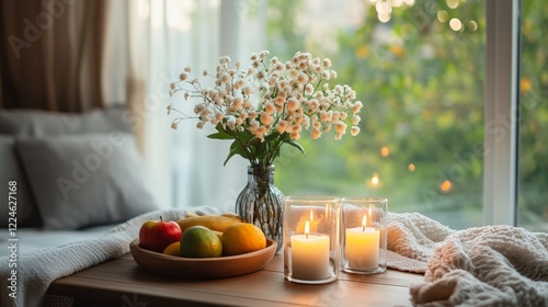 Warm apartment with cozy decor, flower vase, candles, and fruit dish on the table, creating a welcoming atmosphere. AI generated