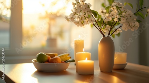 Warm apartment with cozy decor, flower vase, candles, and fruit dish on the table, creating a welcoming atmosphere. AI generated