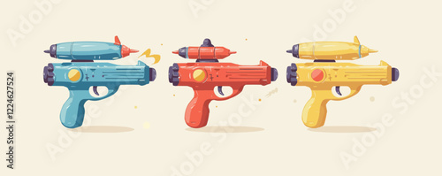 Colorful toy water guns vector art with retro style design elements.